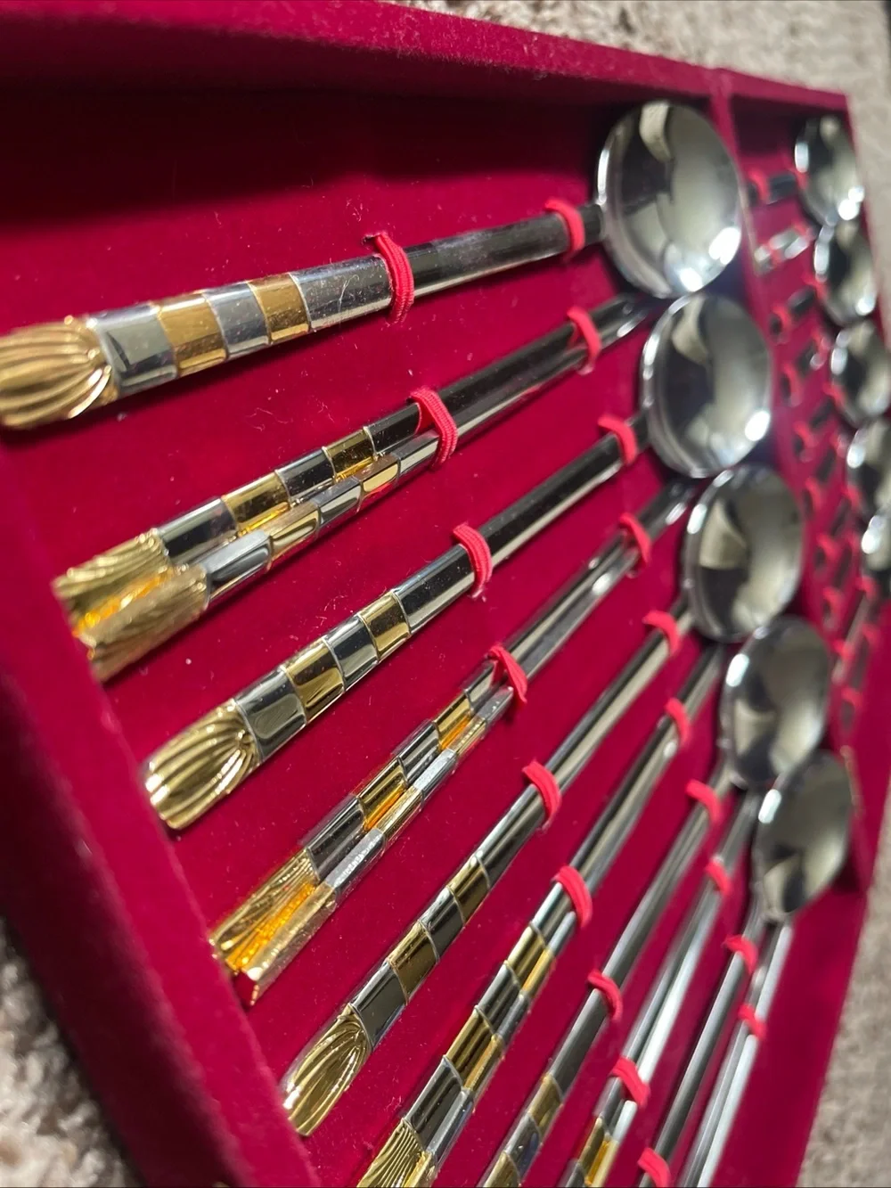 Gold-Trim Stainless Spoon and chopsticks Set with Red Accents